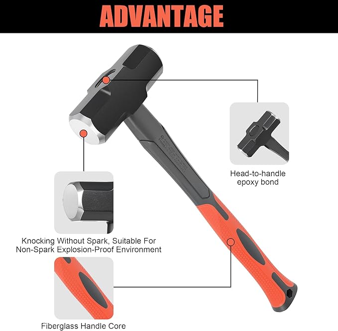 3lb Sledge Hammer - Heavy Duty Drilling Hammer with Forged Steel Head & Fiberglass Handle, Perfect for Demolition, Construction, and Blacksmithing