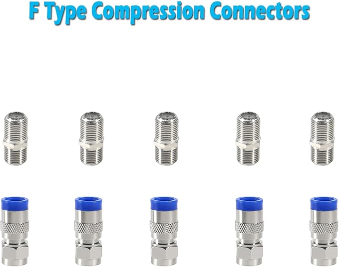 Coax Cable Crimper Tool Kit Coaxial Cable Crimping Tool Adjustable RG6 RG59 RG11 75-5 75-7 Coaxial Cable Stripper with 5PCS RG6 F Type Connector + 5PCS Coaxial Extension Adapter