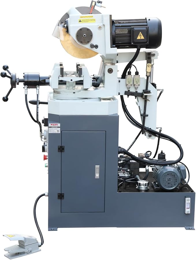 KAKA INDUSTRIAL Circular Cold Saw, 12.4 inch Semi-Automatic Hydraulic Circular Saw with Foot Pedal Control for Steel and Aluminum, Double Vise and Coolant System PDS-12H