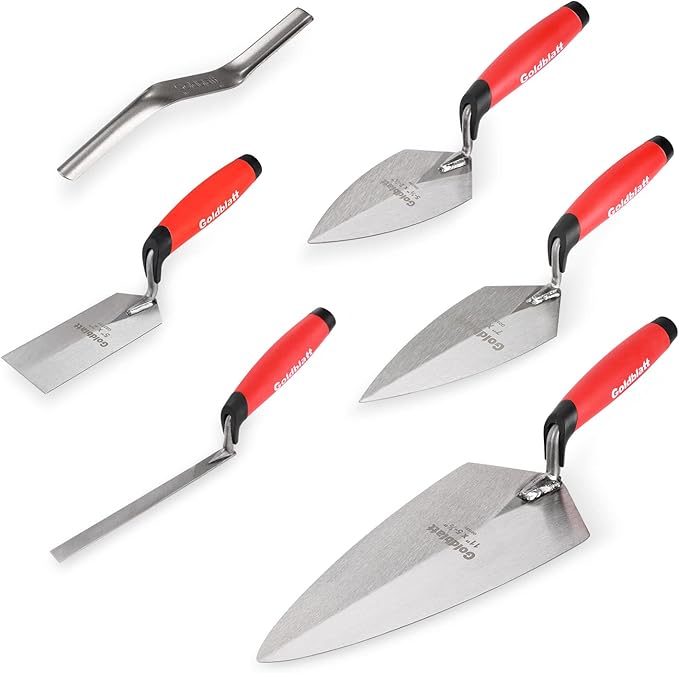 Goldblatt 6PCS Masonry Hand Tool Set - 11" x 5-1/2" Philadelphia Brick Trowel, 2PC Pointing Trowel, 5" x 2" Margin Trowel, 1/2" Tuck Pointing Trowel, 5/8??x 1/2??Convex Brick Jointer