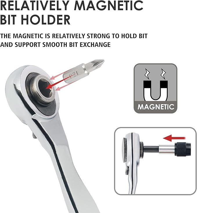 STREBITO Right Angle Screwdriver 32-Piece 1/4 Inch Mini Ratchet Set Low Profile Offset Bit Set with 72-Tooth Ratcheting Wrench Stubby Ratchet 90 Degree Screwdriver for Small Spaces