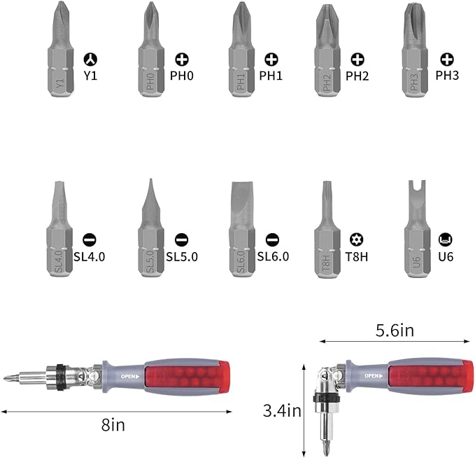 10-in-1 Ratchet Screwdriver Set, 3rd Gen Ratcheting Screwdriver with Phillips, Flat Head, Torx, Hex, Square, 180 Degree Adjustable Design, Portable Repair Tool Kit for Household and DIY