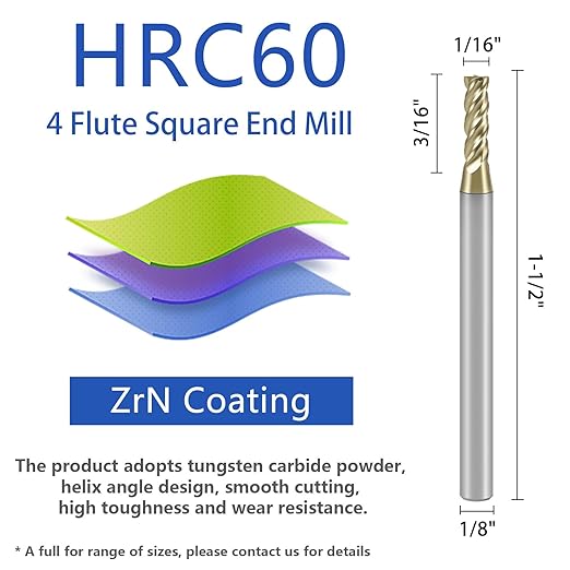 1/16" Carbide Square End Mill with ZrN Coating 4 Flute Unequal Helix Design Mill Bits Sets for Roughing and Finishing (5PCS)