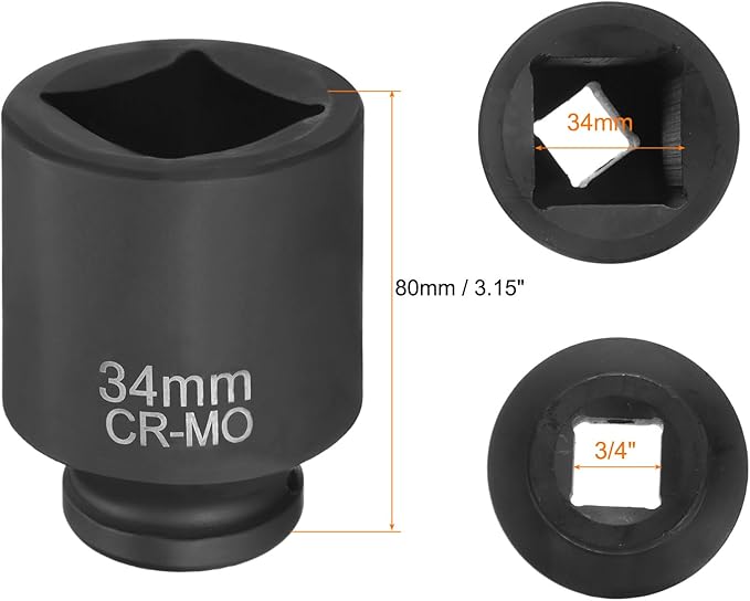HARFINGTON 4 Point Square Socket 3/4" Drive 34mm Metric Square Impact Socket CR-MO Blackening Standard Wheel Sleeve Pneumatic Sleeve Tool for Auto Repair Mechanical Maintenance Home Use
