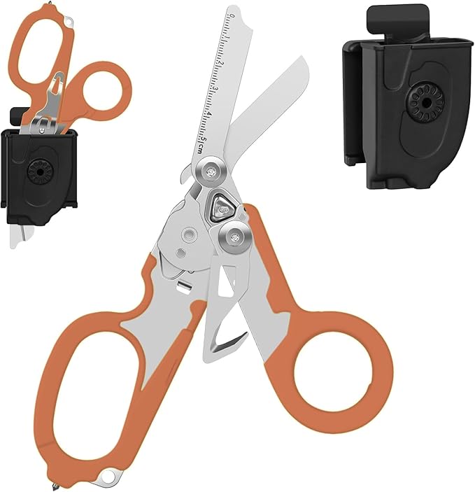 Heavy Duty 6-in-1 Emergency Trauma Shears with Carbide Glass Breaker & Ring Cutter Foldable Stainless Steel Multi-Purpose Scissors for First Responders, Hospital, Home, Camping, Travel Rescue (Orange)