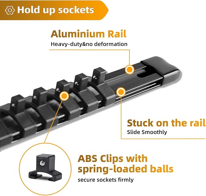 ALOANES 3-Piece Aluminum Alloy Socket Organizer, Heavy Duty Socket Racks, Socket Holder Kit for Toolbox Drawer Fit 1/2, 3/8, 1/4-Inch Socket Holder x 58 Clips (Black)