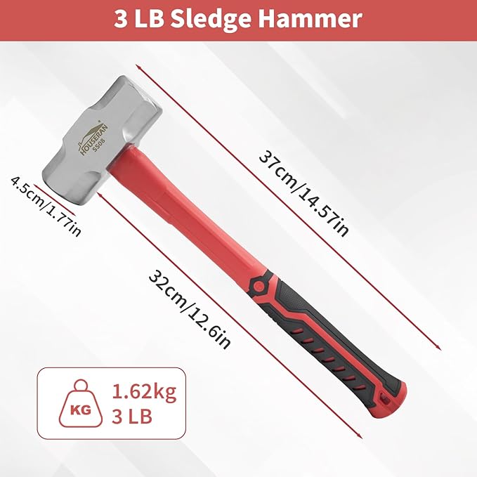 Sledge Hammer 3 Lb, Octagonal Head, Non-slip Rubber Grip, Heavy Duty Hammer For Construction, Gardening, Home Improvement