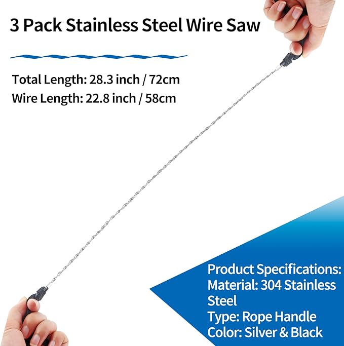 Bivethoi 3 Pack Stainless Steel Wire Saw Emergency Kit, Camping Mini Backpacking Cable Cutting String Bone Rope, Travel Chainsaw for Wood Cutting Hiking Hunting (Rope Handle)