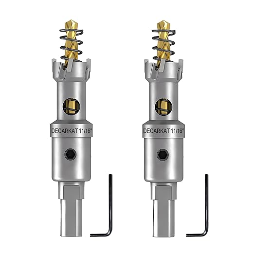 2-Pack 11/16" TCT Hole Saws for Hard Metal, Heavy Duty 18mm Tungsten Carbide Tipped Hole Cutters Set with Spring-Loaded Pilot Drill Bits for Stainless Steel, Metal, Iron, and Plastic.