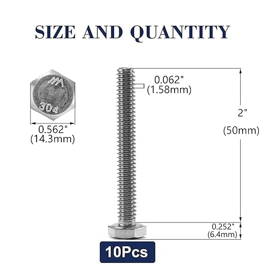 3/8-16 x 2 Hex Head Screw Bolt, 10Pcs 18-8 (304) Stainless Steel, Fully Threaded, Plain Finish, by SG TZH