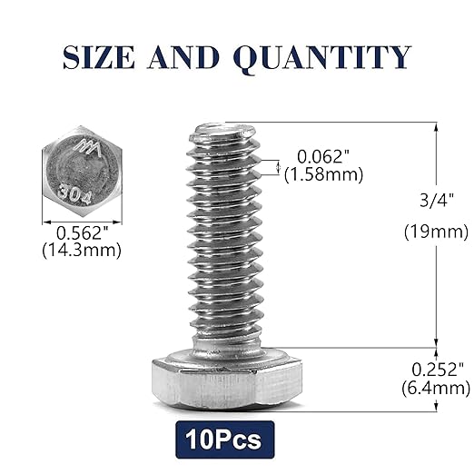 3/8-16 x 3/4" Hex Head Screw Bolt, 10Pcs 18-8 (304) Stainless Steel, Fully Threaded, Plain Finish, by SG TZH