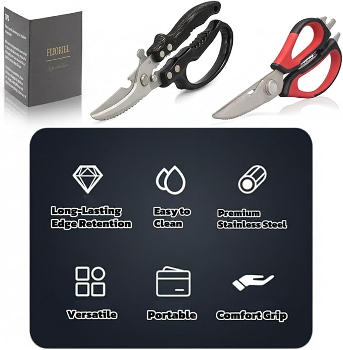 2-Pack Heavy Duty Kitchen Shears - Ultra Sharp All Purpose Food Scissors for Cutting Chicken Bones, Meat & Vegetables, Multi-Function Stainless Steel Cooking Shears (Black & Red)
