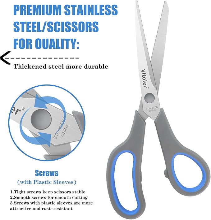 Vitoler Scissors, Heavy Duty Scissors All Purpose Bulk Set of 3-Pack竊똕harp Scissor for Office School Craft Sewing Fabric, Right/Left Hand