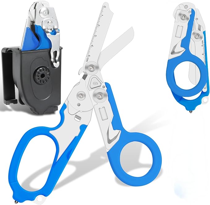 6-in-1 Heavy Duty Emergency/Trauma Shears, with Carbide Glass Breaker, Ring Cutter, Foldable, Stainless Steel Multi-Purpose Scissors for Hospital, Home, Camping, and Travel Rescue Tools (Blue)