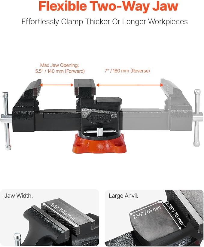 VEVOR Bench Vise, 5.5" Jaw Width, 5.5" Max Jaw Opening Multipurpose Vise with 360째 Swivel Locking Base, 2.8" Throat Depth, Heavy Duty Ductile Iron Workbench Vise, Two-Way Jaws for Clamping Round Pipes