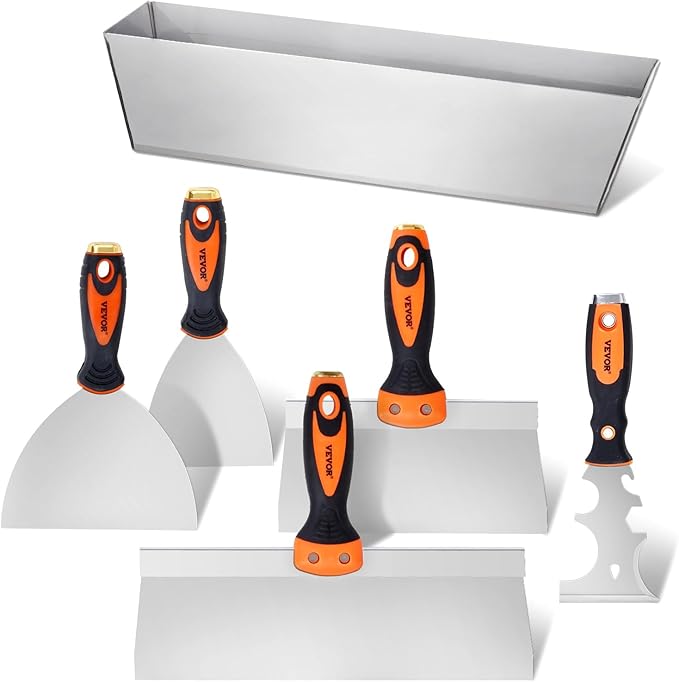 VEVOR Drywall Knife Set, 6 PCS Drywall Tools Includes 3" Painter Scraper, Two Putty Knives, Two Taping Knives and 12" Mud Pan, Stainless Steel Spackle Tool, Drywall Finishing Tools for Home