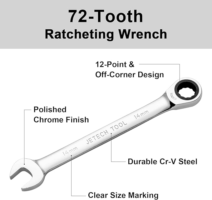 Jetech 14 mm Ratchet Wrench with Precision Ratcheting and Hardened,Industrial Grade Gear Spanner with 12-Point Design, 72-Tooth Ratchet, Chrome Vanadium Steel