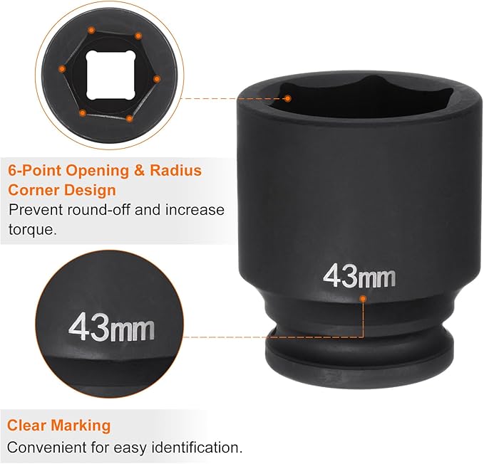 HARFINGTON 6-Point Impact Socket 3/4" Drive 43mm Metric 40Cr Alloy Steel Spindle Axle Nut Impact Socket