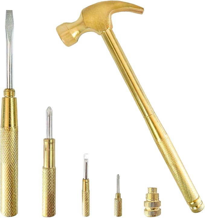 Small Metal Hammer & Screwdriver, 6 in 1 Multitool Hammer Set Screwdriver Tools (Gold)