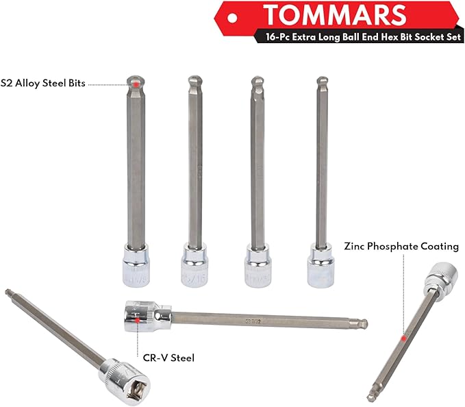 TOMMARS 16-Pc 3/8 Inch Drive Ball End Long Hex Bit Socket Set, Extra Long Allen Socket Set, CR-V and S2 Steel, SAE & Metric 1/8-3/8 in., 3-10 mm.