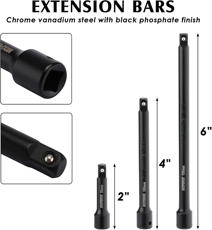 MIXPOWER 55 Pieces 1/4" Dr. Impact Socket Set, CR-V, 6 Point, SAE/Metric, 5/32 Inch - 9/16 Inch, 4mm - 15mm, Shallow/Deep, Including Adapter, Extension, Universal Joint