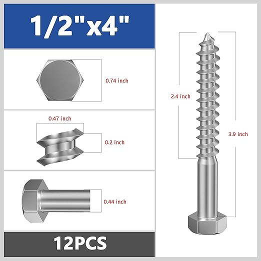 Lag Screws Wood Screws (12PCS, 1/2"x4", Silver) Hex Head Lag Bolts,(12x100) Heavy Duty Lag Screws,304 Stainless Steel Bolts 18-8
