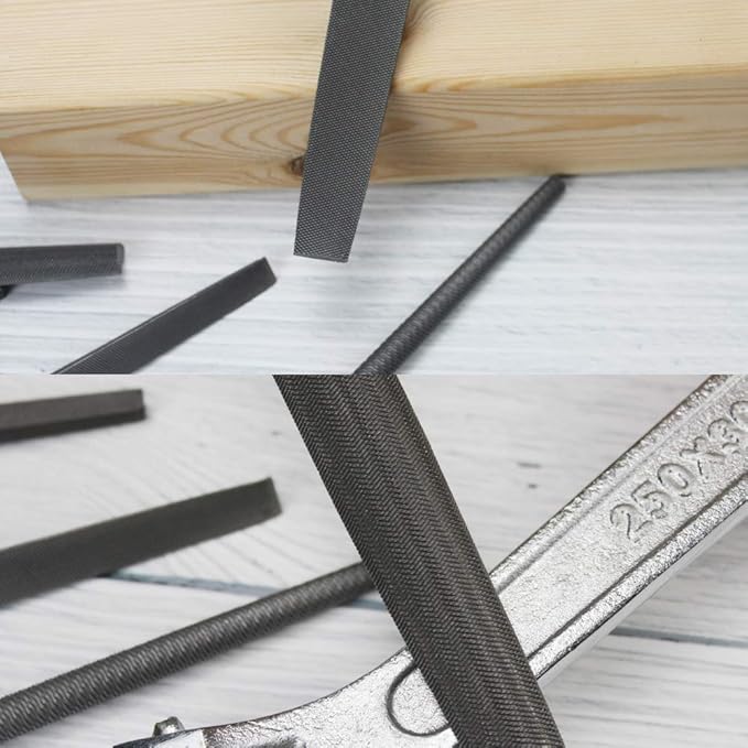 KALIM 5Pcs 8'' High Carbon Steel File, Rasp Set with Soft Rubber Non-slip Handle, Round/Half Round/Flat/Triangle/Squre, Grinding Hand Tool Set for Wood, Metal, Plastic, etc.
