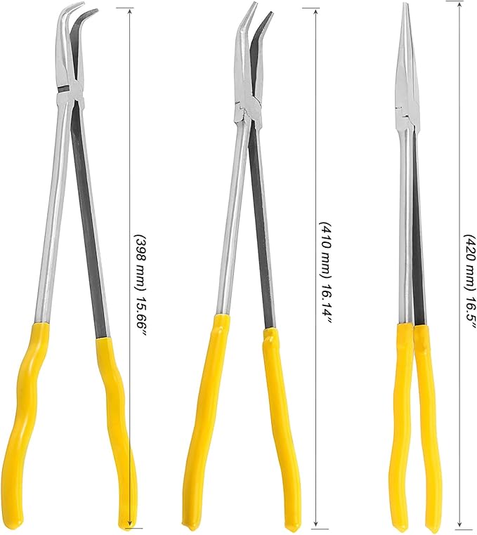 MOUYAT 3 PCS 16 Inch Extra Long Needle Nose Pliers Set, 45 Degree, 90 Degree, Straight Extra Long Reach Pliers Set