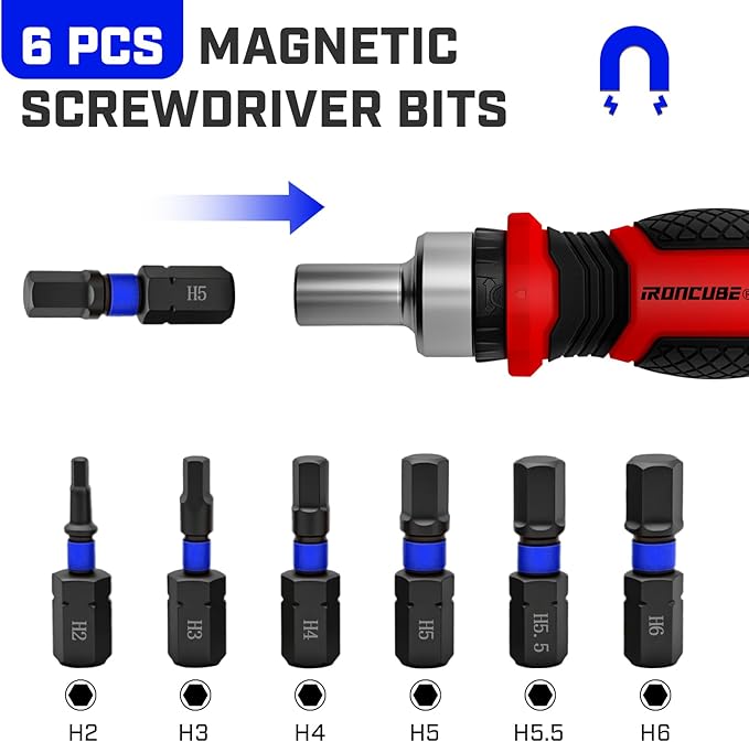 Magnetic Hex Screwdriver Set: 6 in 1 Multi Bit Drive Set with Interchangeable Ratchet Handle - Portable Repair Tool Kit for DIY Bicycle Furniture - Stocking Stuffers with Gift Box