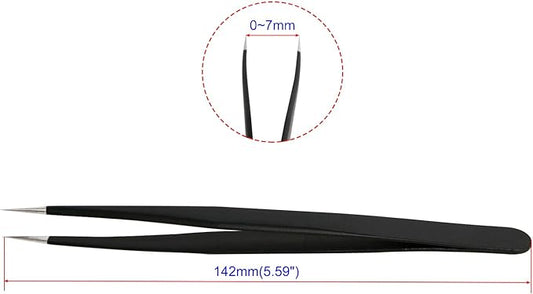 Aoje-Link ESD-11 Professional Anti-Static Precision Technology Tweezers, Non-magnetic Fine Tip Straight, Stainless Steel Plastic Coated, Full Length 142mm, Black, 2pcs