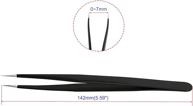 Aoje-Link ESD-11 Professional Anti-Static Precision Technology Tweezers, Non-magnetic Fine Tip Straight, Stainless Steel Plastic Coated, Full Length 142mm, Black, 5pcs