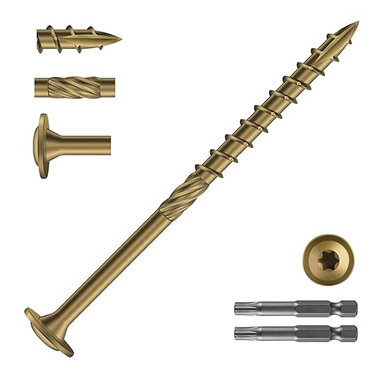 #14 x 4 Inch Lag Screws (280Pcs) 8lb. Structural Wood Screw, Bronze, Carbon Steel, Washer Head, Rust Resistant epoxy Coated, T30 Star Bit