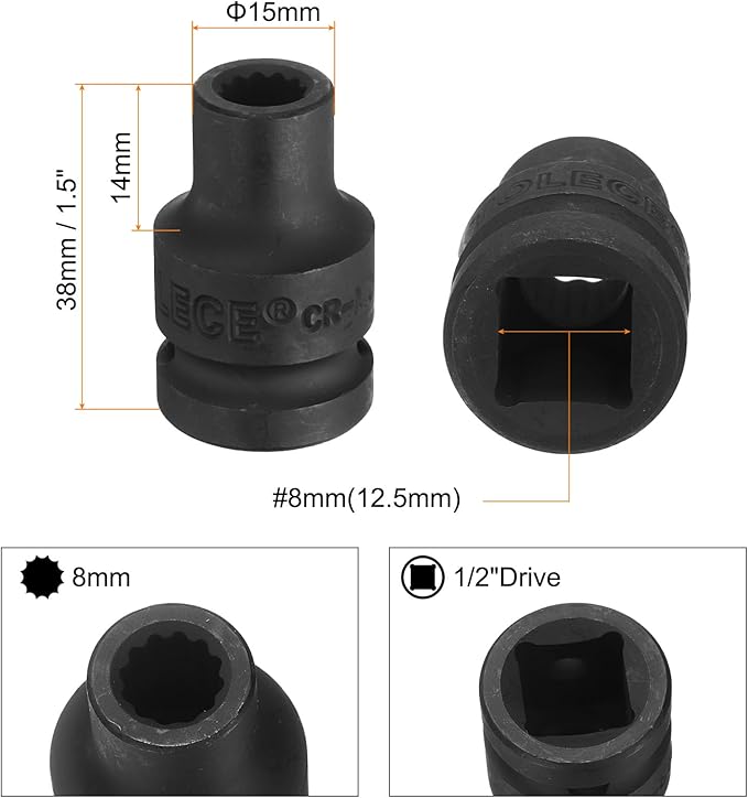 uxcell 1/2" Drive x 8mm Shallow Impact Socket 12-Point Metric CR-MO Steel Nut Impact Grade Socket for Auto Repair