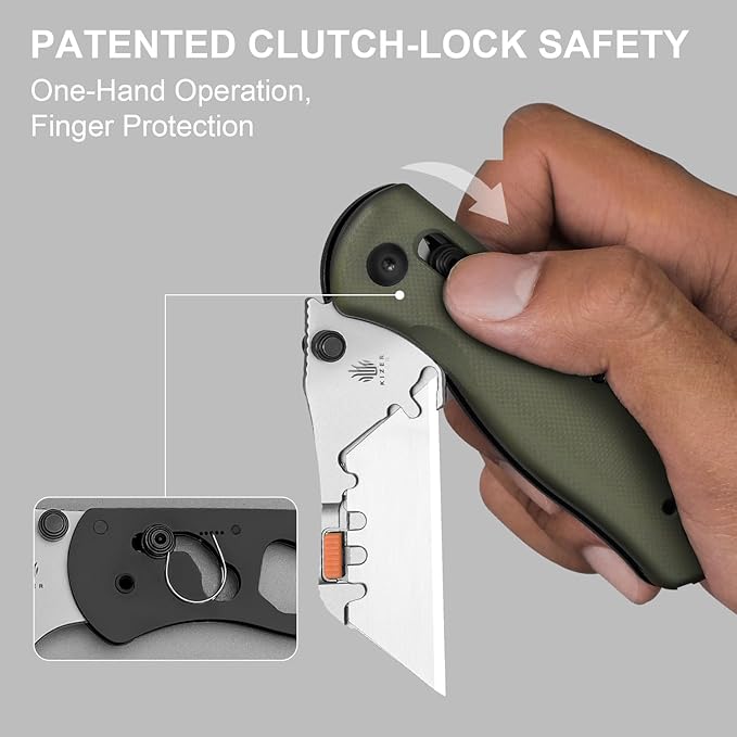 Kizer Uti Bear(Tool-Free Version) Folding Utility Knife, Quick Change Box Cutter EDC knife with 5PCS Razor Blades, Clutch Lock & Pocket Clip Small Pocket Knives for Men Women V3619JA6