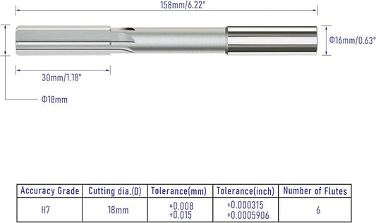 Chucking Reamer 18mm, H7 HSS Cobalt M35 Lathe Machine Reamer Metric, 6 Straight Flutes, Round Straight Shank Milling Cutting Tool, for Stainless Steel Alloy Copper Metal