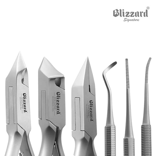 Podiatry Tool Kit by Blizzard ??5 Piece Set with Concave Arrow and Flame Toenail Nippers, Blacks File and Probe - German Forged Instruments - Hospital Grade