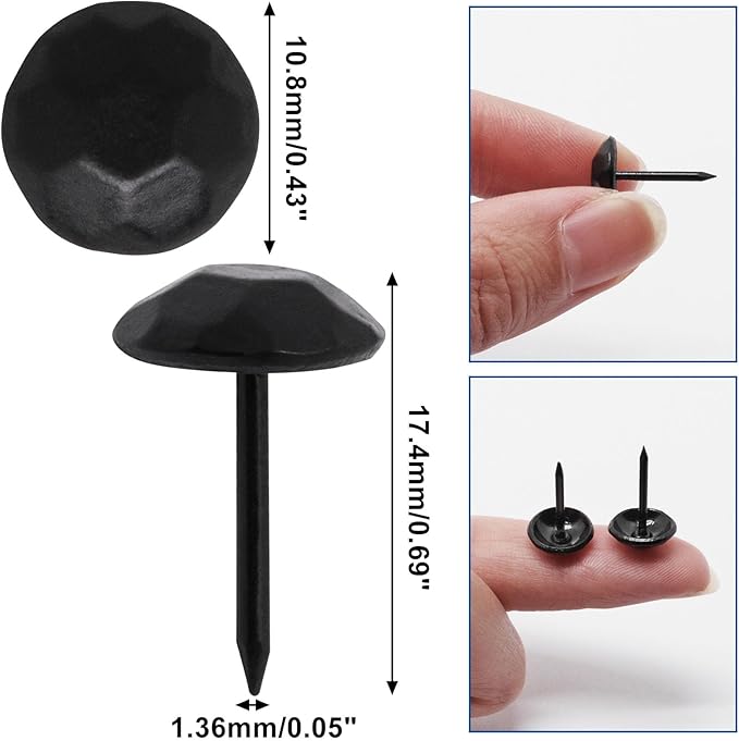 YuGtcen 120pcs Upholstery Tacks, Decorative Nails Thumb Tacks Metal Upholstery Nails for Wood Upholstery Pins Vintage Furniture Tacks Small (11x17mm, Matte Black)