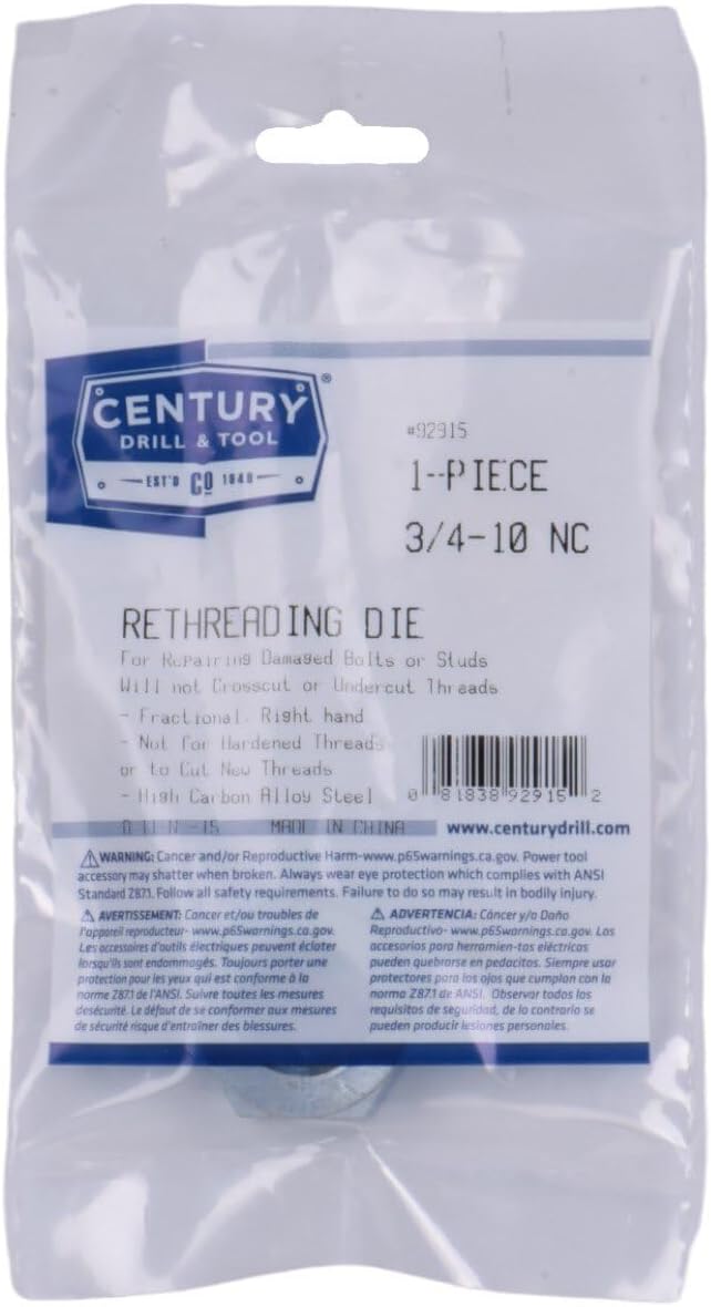 Century Drill & Tool 92915, 3/4-10 NC, National Coarse Fractional Right Hand Rethreading Die, High Carbon Steel, Fix Damaged Bolts or Studs