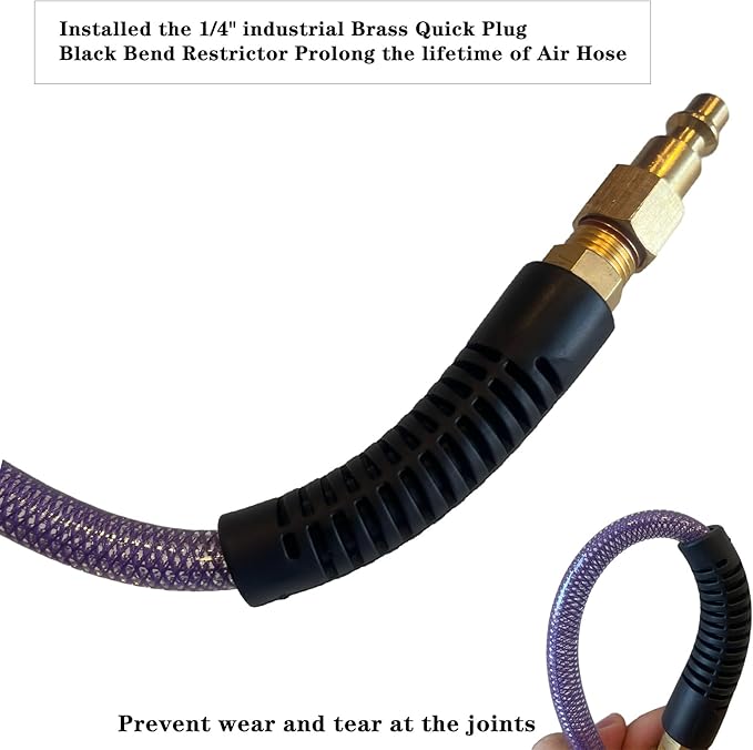 Air Hose 1/4 in x 100 ft, Polyurethane(PU), Reinforced Air Compressor Hose, Lightweight, Kink Resistant with 1/4??Industrial High Flow Quick Coupler and Plug, Bend Restrictors,300 PSI (100FT, Purple)