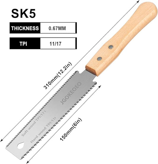 Japanese Hand Saw, 6 Inch Double Edge Flush Cut Saw, SK5 Double Flexible Blade 17/11 TPI Comfortable Hand Wood Handle, Precise and Lightweight Cutting, for Woodworking and Garden Trim