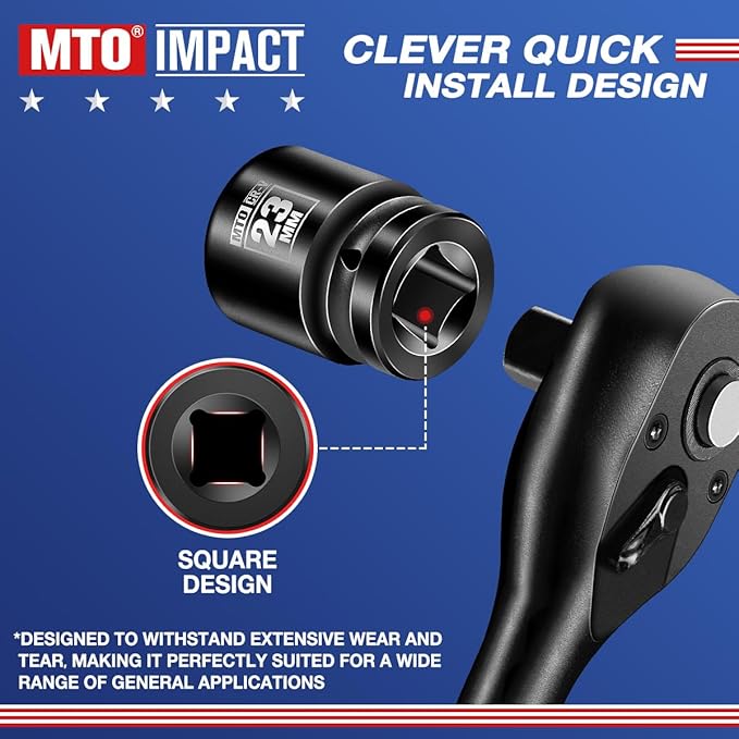 MTO 1/2" Drive 23mm Shallow Impact Socket, 6-Point Metric Socket for Automotive Maintaince, CR-V Steel Meets ANSI Standards