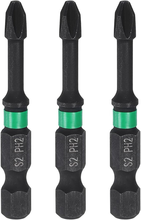 HARFINGTON 3pcs #2 Impact Phillips Screwdriver Bit PH2 1/4" Hex Shank 2" (50mm) Long 0.14" Rod Magnetic Cross Head Drill Bits S2 Steel Industrial Screw Driver for Impact Power Drivers