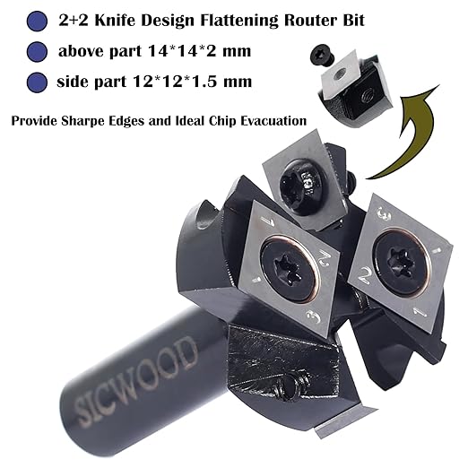 Slab Flattening Router Bit - 1/2 Shank, 1-1/2' Cutting Dia, 2+2 Knife Design, Mini CNC Spoilboard Surfacing Bit, Perfect for Planing&Rabbeting, Flycutter, Slab Leveler