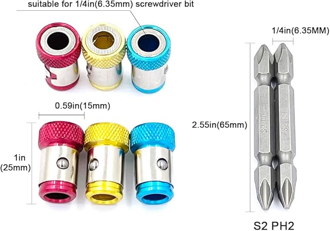6 Pieces Magnetic Screw Ring With 2 Pieces Ph2 Screwdriver Bit Set,Magnetizer Screw Removable For 1/4 Inch/6.35mm Hex Screwdriver and Power Bits (MIX)