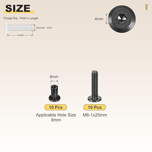 METALLIXITY Furniture Crib Screws Replacement Set(M6-1x25mm) 20Pcs, Connector Bolts M6 Screw Barrel Nuts Binding Screws, for Chair Cabinet Bed, Black