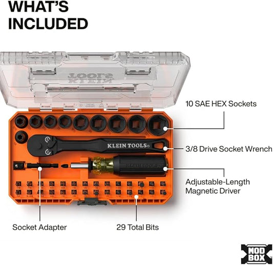 Klein Tools 33806 ProFlex 43-Piece Impact Socket Set and Impact Driver Bit Set with Modular Case, 29 Bits and 10 SAE Socket Sizes, S2 Steel, Magnetic, Adjustable Screwdriver