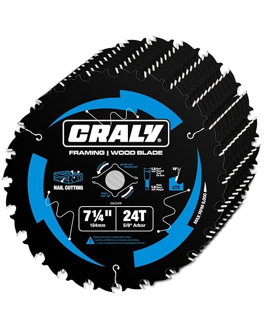 CRALY 7-1/4 Inch 24 Teeth Wood Cutting Framing Circular Saw Blade, 5/8 Inch Arbor, Carbide Tipped, Thin Kerf, Black Ice™ Coating, for Plywood, MDF, OSB, Laminated, 10-Pack(C0724FR-10)