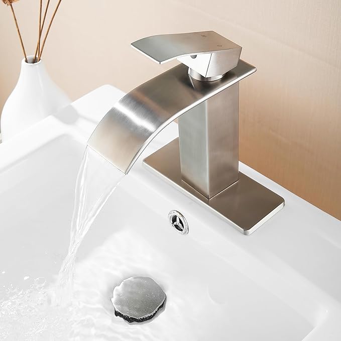 Fransiton Brushed Nickel Waterfall Bathroom Faucet Lavatory Single Handle 1 or 3 Hole Bathroom Sink Faucet Washbasin Faucet with Deck and Pop-up Drain