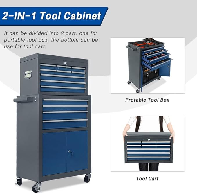 13-Drawer Tool Chest with Double Door and Wheels, Large Detachable Tool Box with Sliding Drawers, Mechanic Toolbox Storage Cabinets, Metal Tool Cart for Garage Workshop (Blue竊낶rey)
