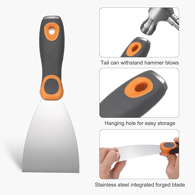 uxcell Putty Knife 3" Stainless Steel Paint Scraper Flexible Drywall Repair Mud Knife for Removing Cement Wallpaper Mud Adhesive Taping with Metal Hammer End
